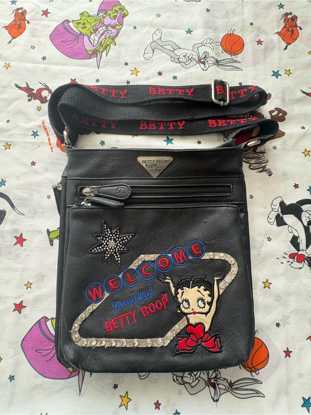 Betty Boop Black Messenger Bag with Red and Blue Accents
